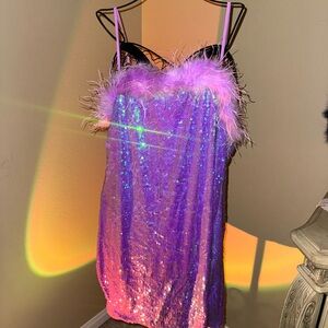 Purple Sequin Dress with Feather Trim